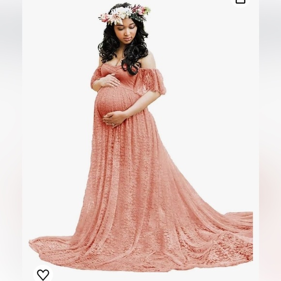 Elegant Lace Maternity Dress in Peach - Picture 1 of 14